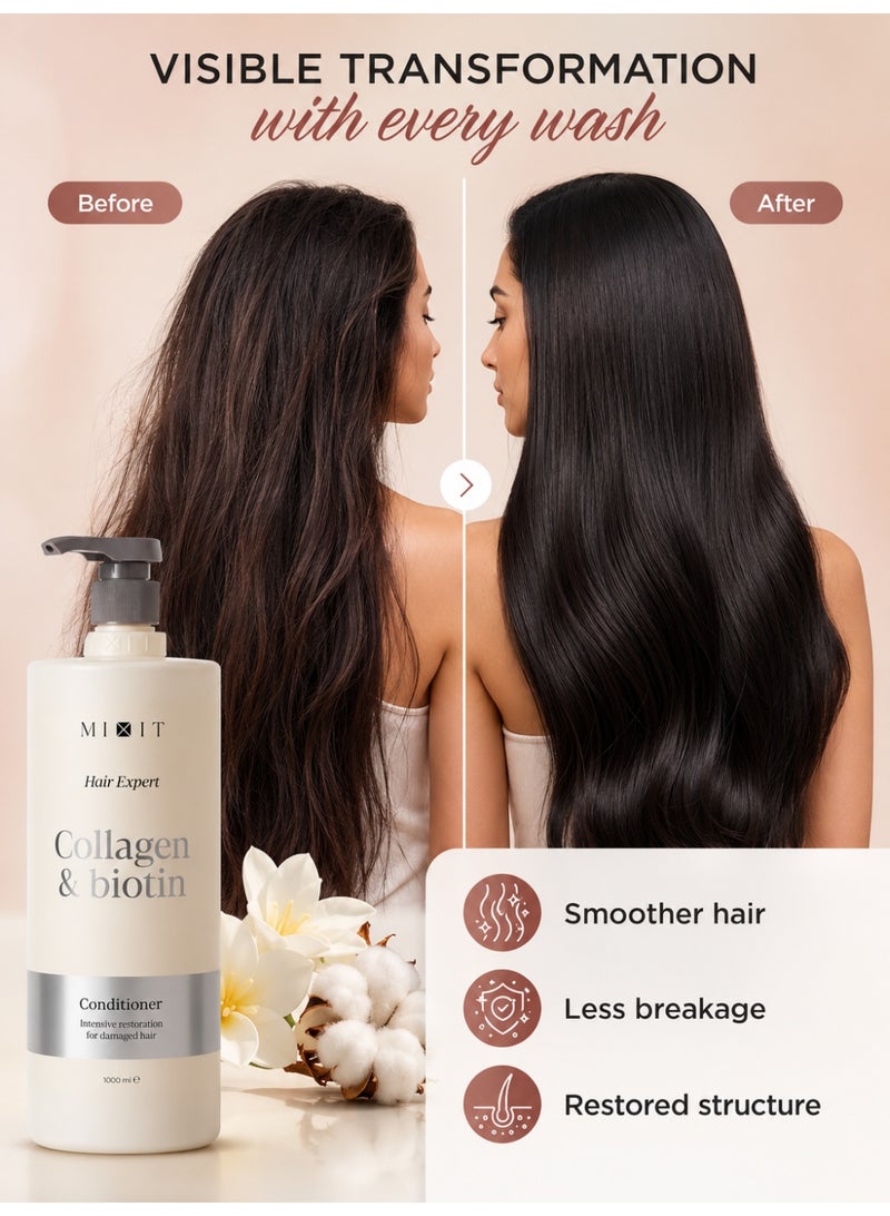 MIXIT Collagen & Biotin Extreme Repair Conditioner for Damaged Hair, Smoothing Frizz Control, 1000ml - Image 4