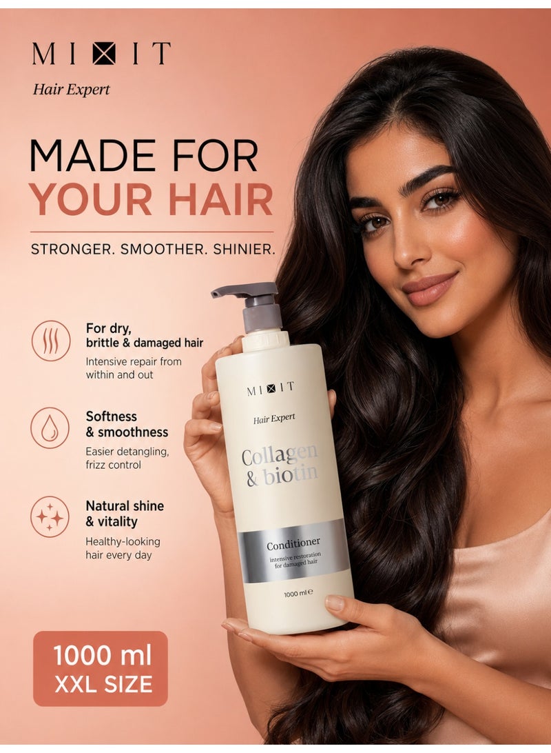 MIXIT Collagen & Biotin Extreme Repair Conditioner for Damaged Hair, Smoothing Frizz Control, 1000ml - Image 3