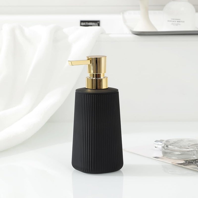 YAUKPH Small Soap Dispenser for Bathroom and Kitchen, Modern Farmhouse Striped Style Plastic Hand Soap Dish Soap Dispenser with Pump Matte Black and Gold - Image 4