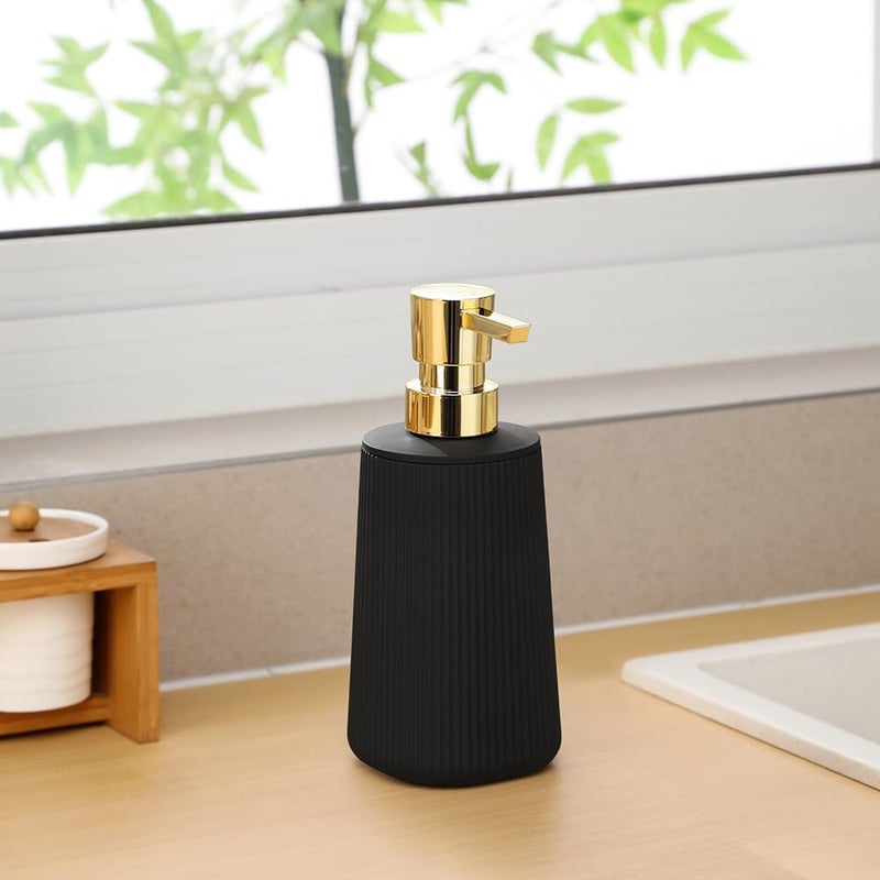 YAUKPH Small Soap Dispenser for Bathroom and Kitchen, Modern Farmhouse Striped Style Plastic Hand Soap Dish Soap Dispenser with Pump Matte Black and Gold - Image 5