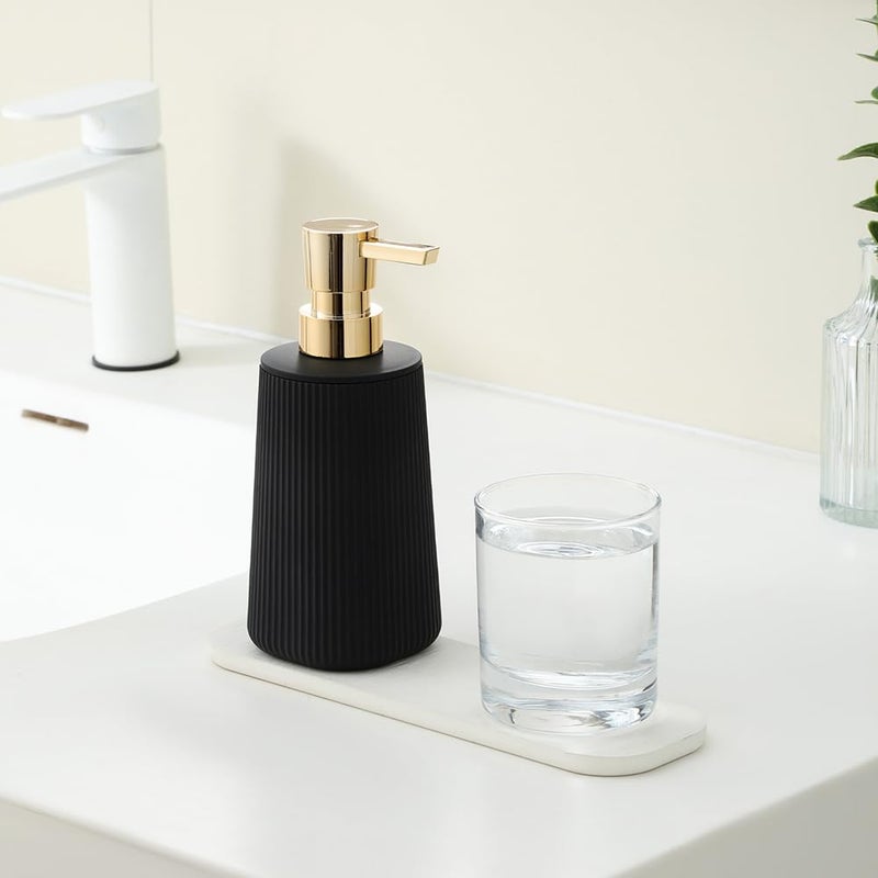 YAUKPH Small Soap Dispenser for Bathroom and Kitchen, Modern Farmhouse Striped Style Plastic Hand Soap Dish Soap Dispenser with Pump Matte Black and Gold - Image 2