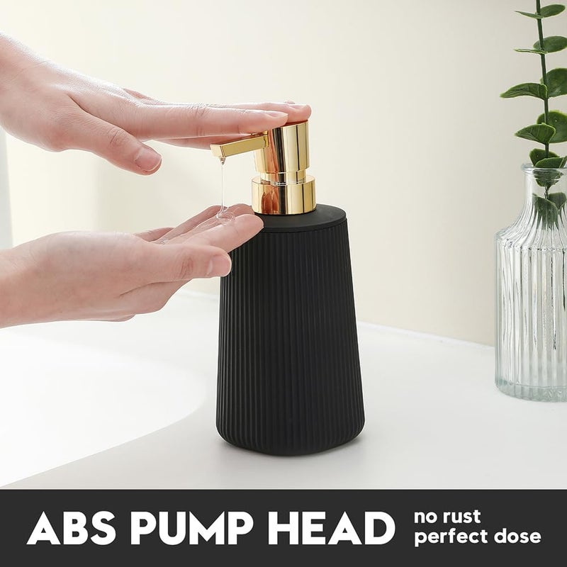 YAUKPH Small Soap Dispenser for Bathroom and Kitchen, Modern Farmhouse Striped Style Plastic Hand Soap Dish Soap Dispenser with Pump Matte Black and Gold - Image 3