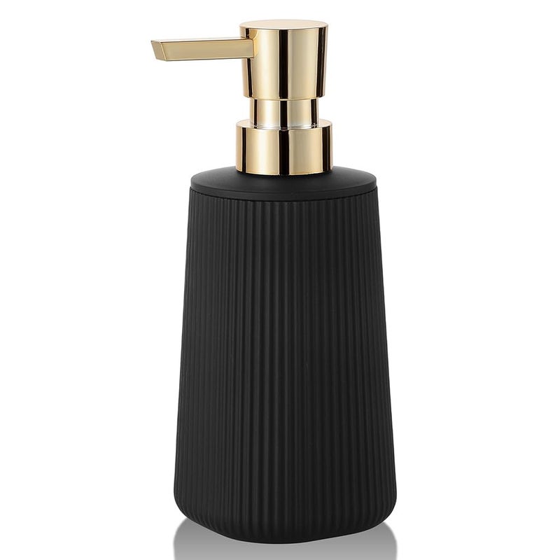 YAUKPH Small Soap Dispenser for Bathroom and Kitchen, Modern Farmhouse Striped Style Plastic Hand Soap Dish Soap Dispenser with Pump Matte Black and Gold - Image 1