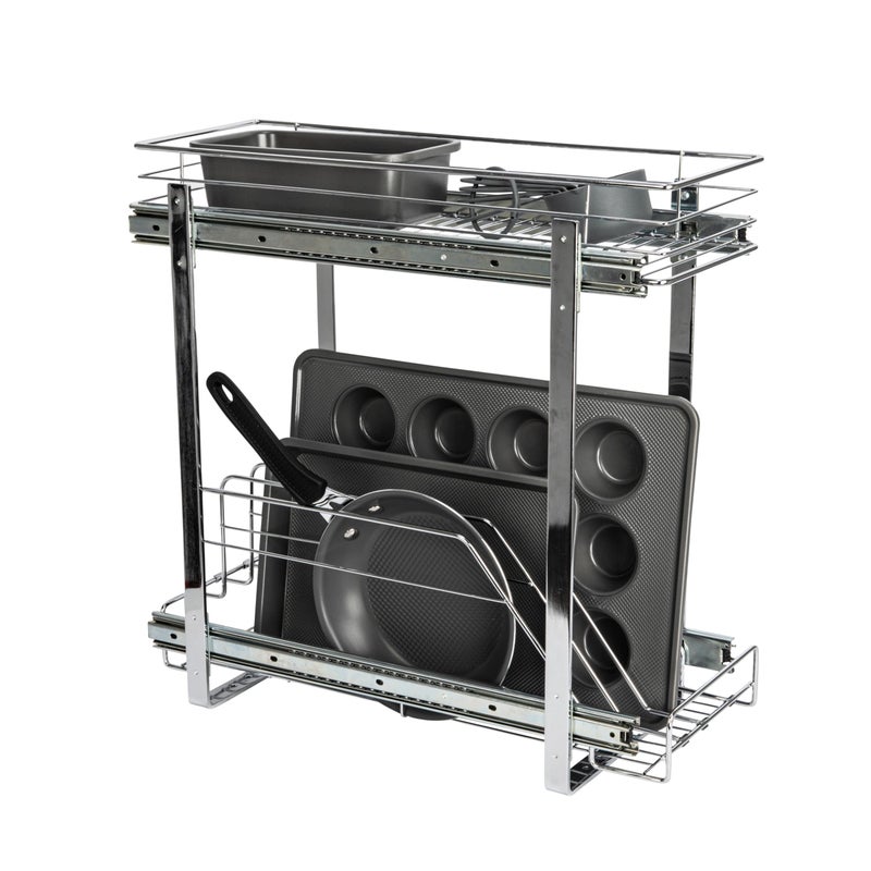 Household Essentials Glidez Multipurpose ChromePlated Steel PullOutSlideOut DualSliding Storage Organizer for Cookware and Bakeware  2Tier Design  Fits Standard Size Cabinet or Shelf Chrome