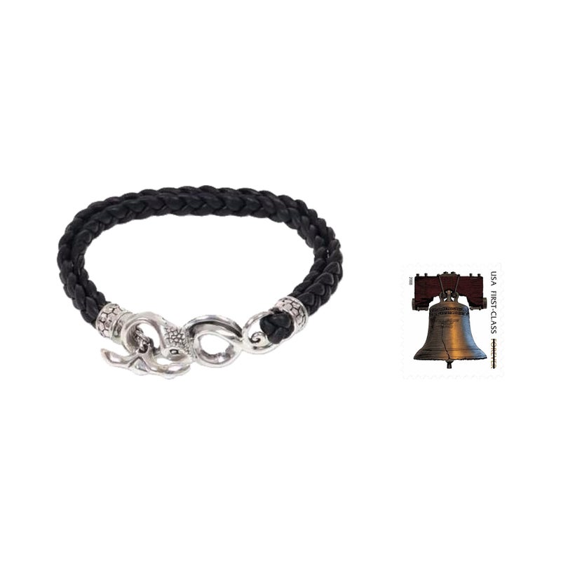 NOVICA Artisan Handmade Men's .925 Sterling Silver Leather Braided Bracelet Snake Black Indonesia Animal Themed Halloween 'Cobra' - Image 5