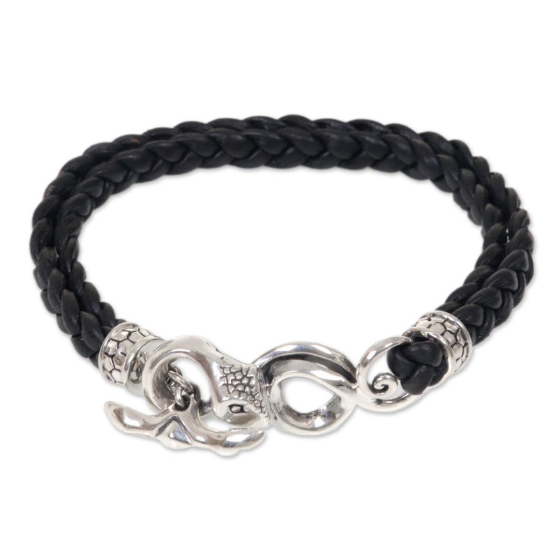 NOVICA Artisan Handmade Men's .925 Sterling Silver Leather Braided Bracelet Snake Black Indonesia Animal Themed Halloween 'Cobra' - Image 1