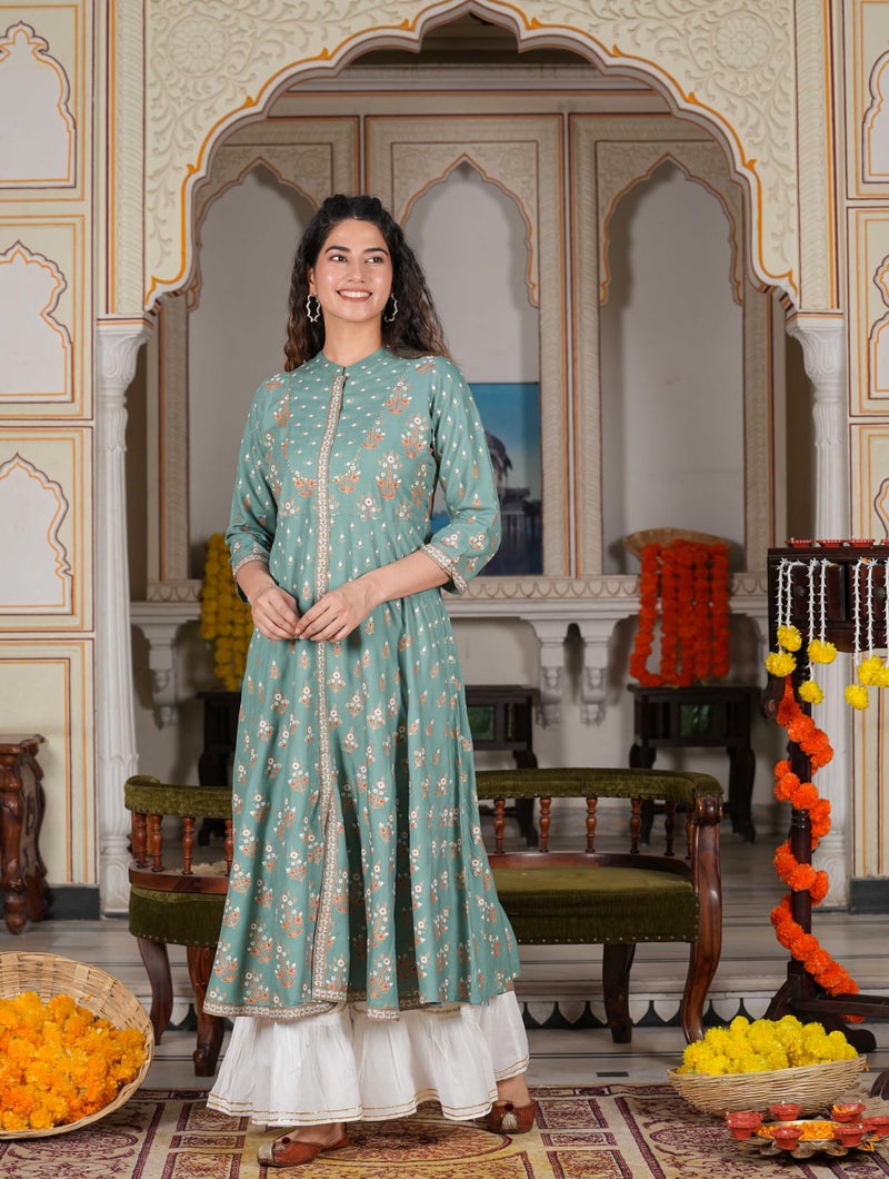 Yash Gallery Rayon Floral Printed Anarkali Kurtis for Women Indian Style Green - Image 3