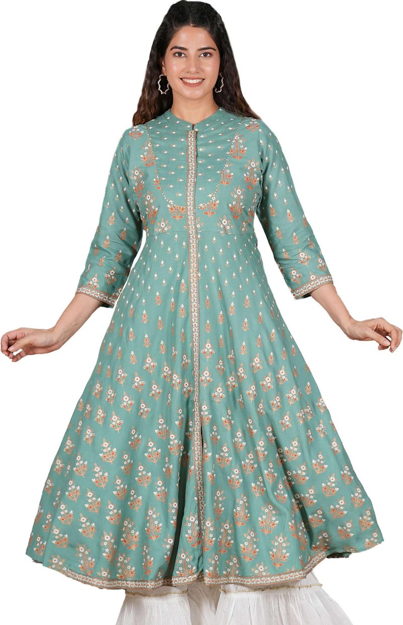 Yash Gallery Rayon Floral Printed Anarkali Kurtis for Women Indian Style Green - Image 1