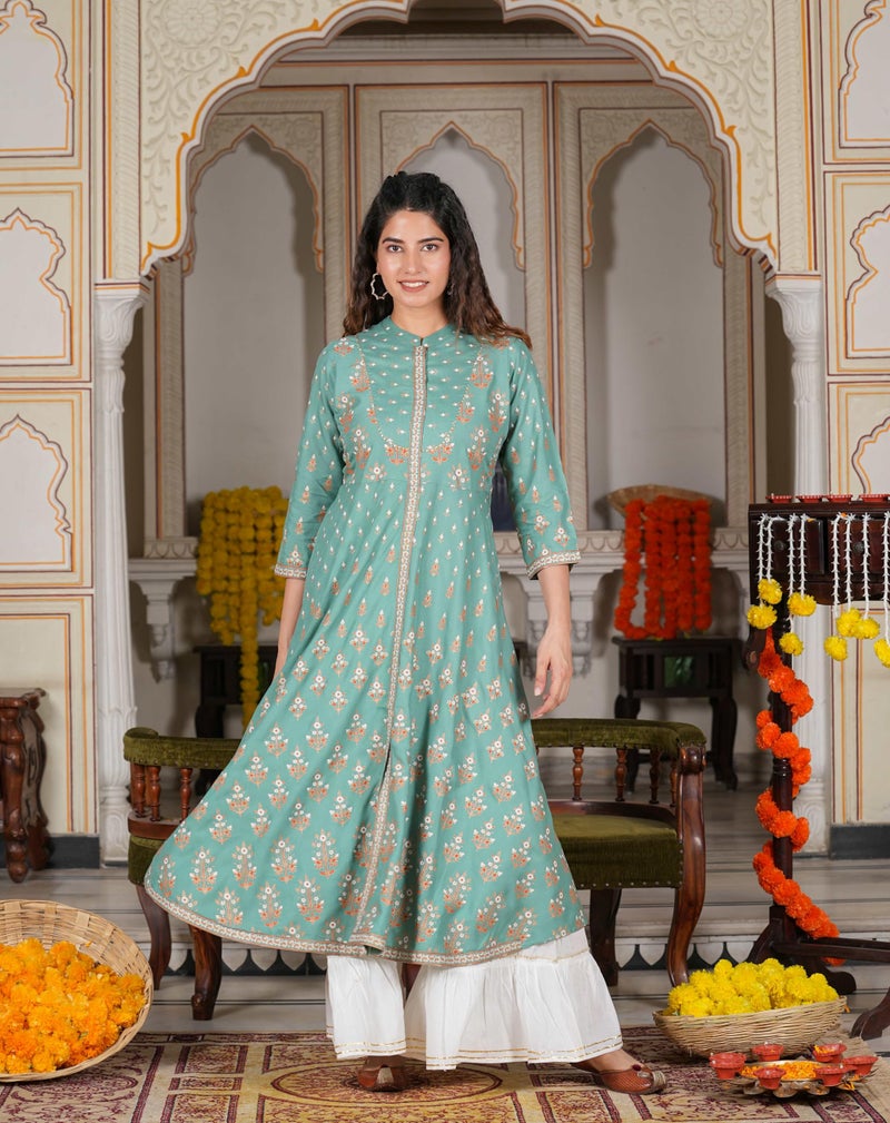 Yash Gallery Rayon Floral Printed Anarkali Kurtis for Women Indian Style Green - Image 2