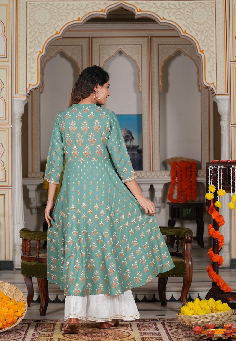 Yash Gallery Rayon Floral Printed Anarkali Kurtis for Women Indian Style Green - Image 4