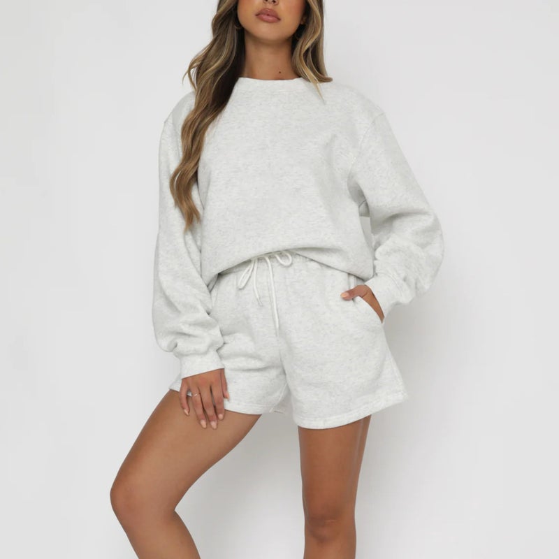 2024 Amazon cross-border summer new long-sleeved shorts sweater suit solid color fashion casual short 2-piece set Camel  - Image 3