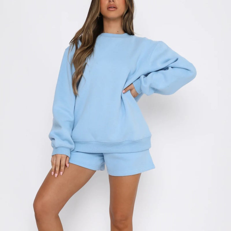 2024 Amazon cross-border summer new long-sleeved shorts sweater suit solid color fashion casual short 2-piece set Camel  - Image 2
