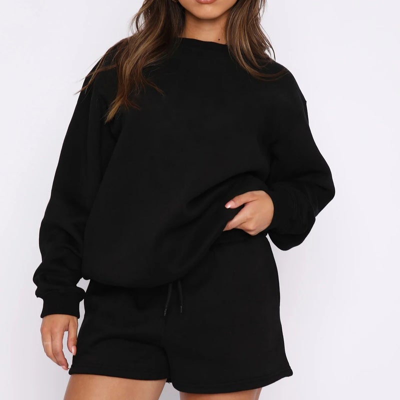 2024 Amazon cross-border summer new long-sleeved shorts sweater suit solid color fashion casual short 2-piece set Camel  - Image 5