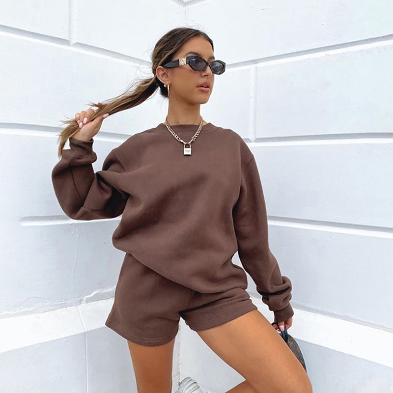 2024 Amazon cross-border summer new long-sleeved shorts sweater suit solid color fashion casual short 2-piece set Camel  - Image 4
