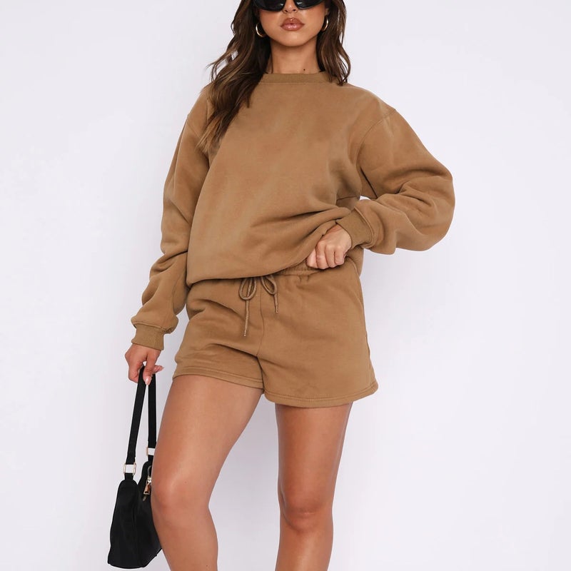 2024 Amazon cross-border summer new long-sleeved shorts sweater suit solid color fashion casual short 2-piece set Camel  - Image 1