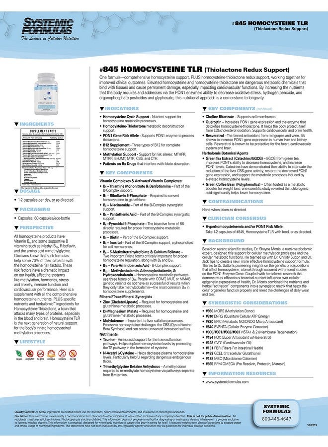 Systemic Formulas Homocysteine Tlr Thiolactone Redux Support 60 Capsules Biocell 845 Contains Antioxidants That Protect The Heart Cardiovascular System And Brain From Elevated Homocysteine  - Image 3