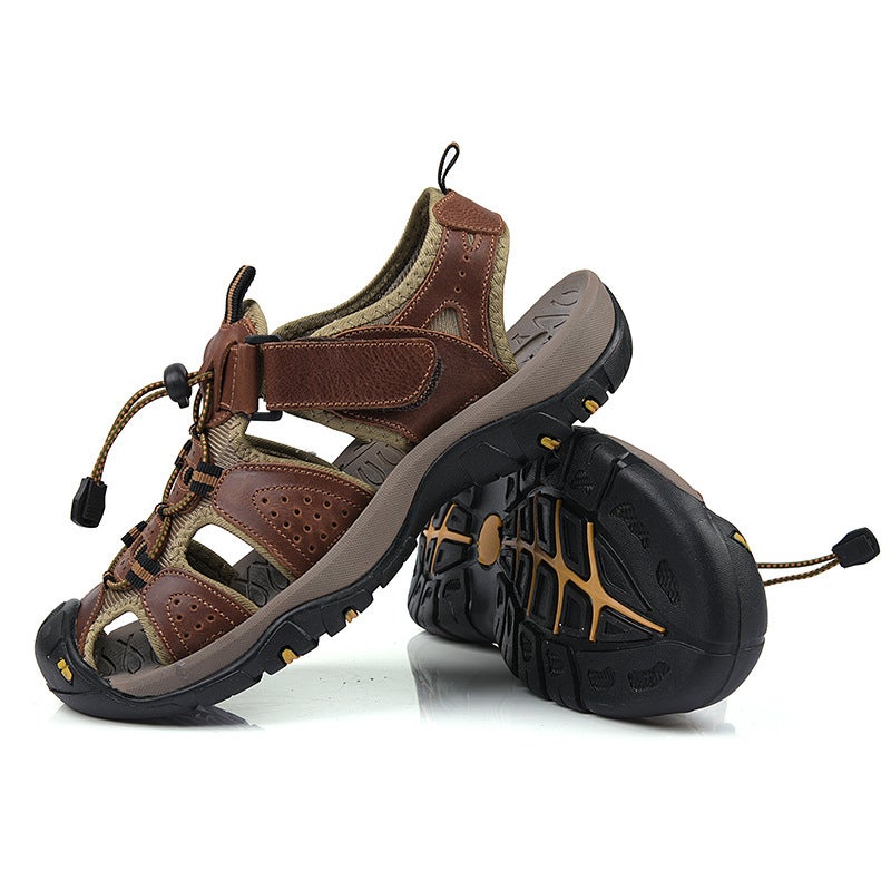 First-Layer Genuine Leather Cowhide Summer Hollow Sandals Outdoor Breathable Beach Shoes Men'S Non-Slip Wading Shoes Large Size - Image 1