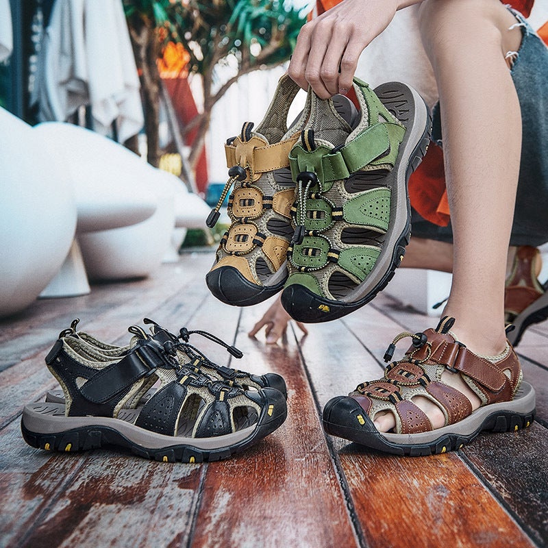 First-Layer Genuine Leather Cowhide Summer Hollow Sandals Outdoor Breathable Beach Shoes Men'S Non-Slip Wading Shoes Large Size - Image 2