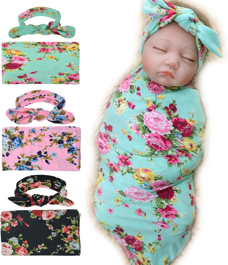 DRESHOW BQUBO 3 Sets Receiving Blanket with Headbands Newborn Baby Floral Printed Baby Shower Swaddle Gift - Image 1