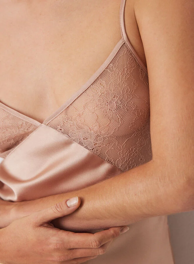 women'secret Long Satin And Nude Lace Nightgown