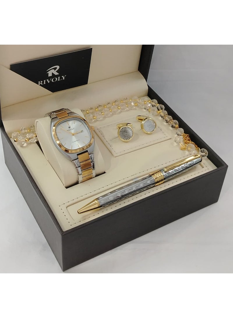 Men's stainless steel set consisting of a watch, a rosary, a pen and cufflinks