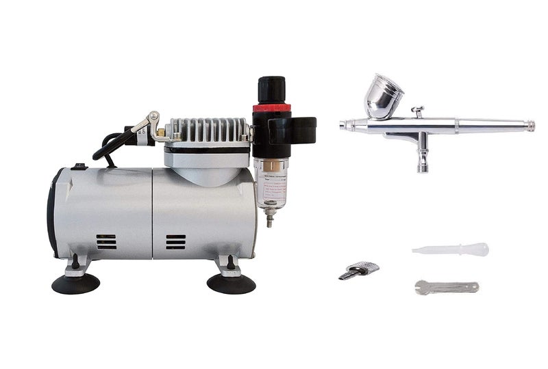 Aerograph Mini Air-Compressor With Airbrush AG-130E Set 0.3mm, Dual Action Gravity Feed & Air Hose Pipe/Spring Tube (6ft) - Image 1