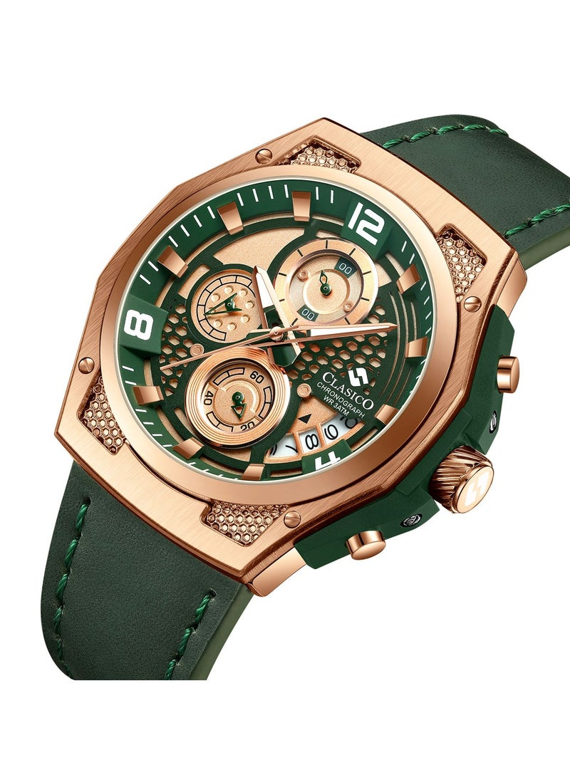 Clasico ساعة كرونوغراف رابتور 6-أيدي – إصدار ذهبي وأخضر مع حزام جلد طبيعي – حركة ي121 النخبوية – تصميم مقاوم للماء - Image 2
