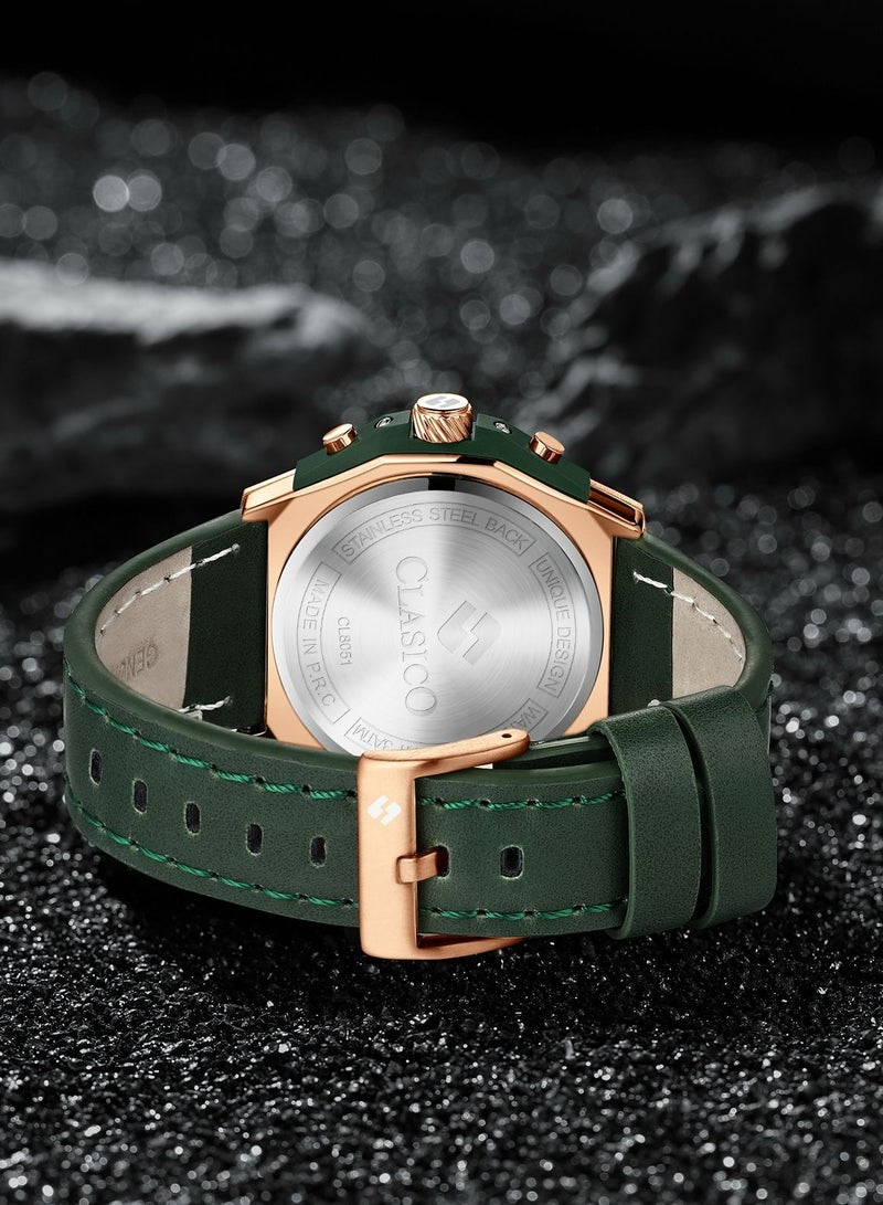 Clasico ساعة كرونوغراف رابتور 6-أيدي – إصدار ذهبي وأخضر مع حزام جلد طبيعي – حركة ي121 النخبوية – تصميم مقاوم للماء - Image 4