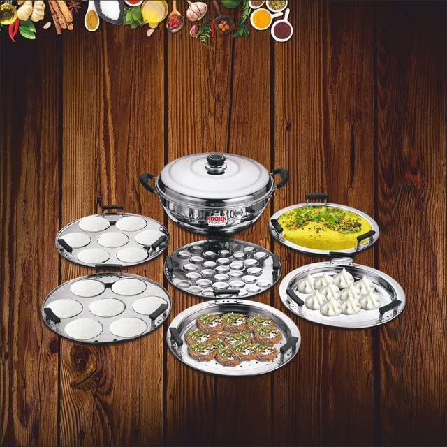 Kitchen Essentials-Stainless Steel Induction Bottom Multi Kadai with 6 Plates (2 Idli Plates,2 Dhokla Plates,1Patra Plate,1 Mini idli Plate) - KE-FG002362 - Image 4