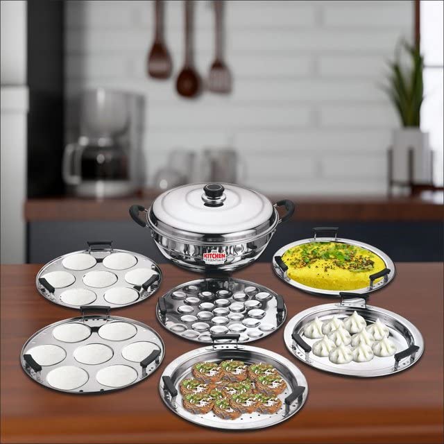Kitchen Essentials-Stainless Steel Induction Bottom Multi Kadai with 6 Plates (2 Idli Plates,2 Dhokla Plates,1Patra Plate,1 Mini idli Plate) - KE-FG002362 - Image 5