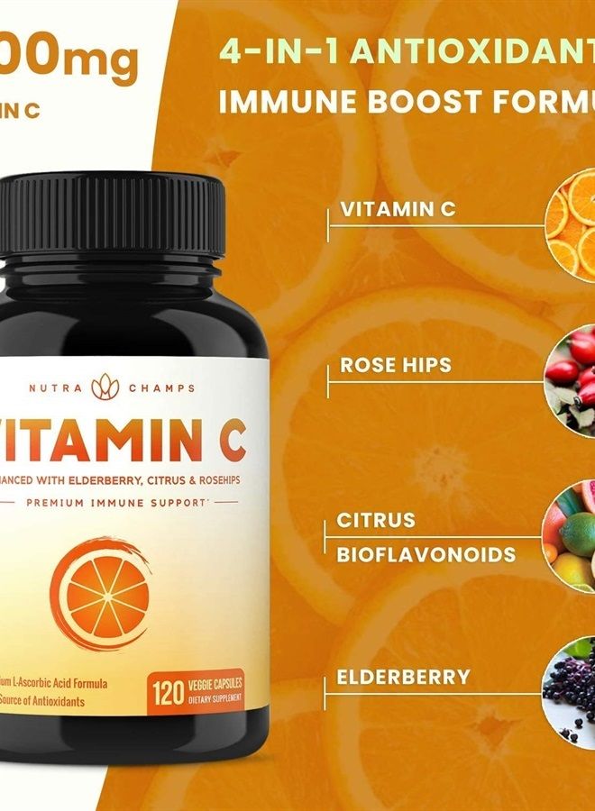 NutraChamps Vitamin C 1000mg with Rose Hips | Vitamin C Supplement with Elderberry & Citrus Bioflavonoids | Kids Immune Boosting Supplement | Non-GMO Antioxidants Supplement | 500mg Vitamin C Capsules Pill - Image 3