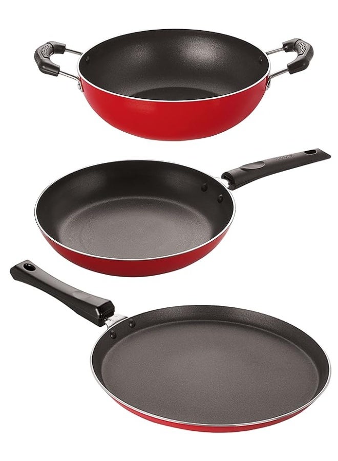 Nirlon Non Stick Coated Dishwasher Safe Aluminium Kitchen Utencils Set of 3 Pieces with Bakelite Handle(Flat Tawa -27cm|Tapper Pan -22cm |Kadhai -22cm - 1.8 LTR) - Image 1