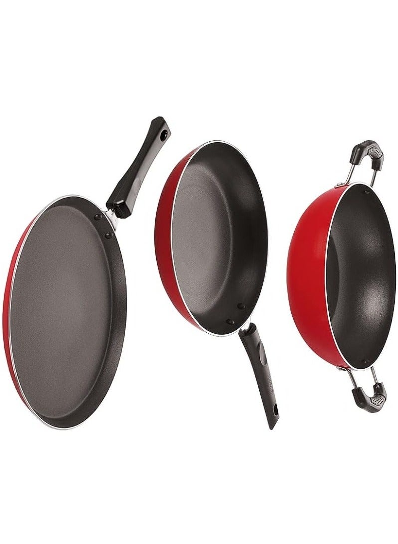 Nirlon Non Stick Coated Dishwasher Safe Aluminium Kitchen Utencils Set of 3 Pieces with Bakelite Handle(Flat Tawa -27cm|Tapper Pan -22cm |Kadhai -22cm - 1.8 LTR) - Image 2