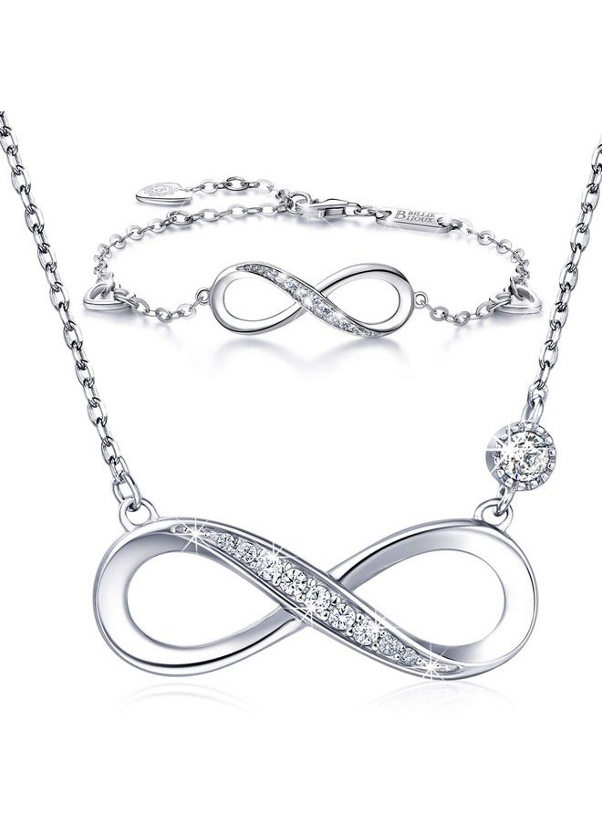 Billie Bijoux 925 Sterling Silver Necklace Bracelet One Sets Forever Love” Infinity Heart Love Jewelry Sets White Gold Plated Diamond Women Necklace  - Image 1