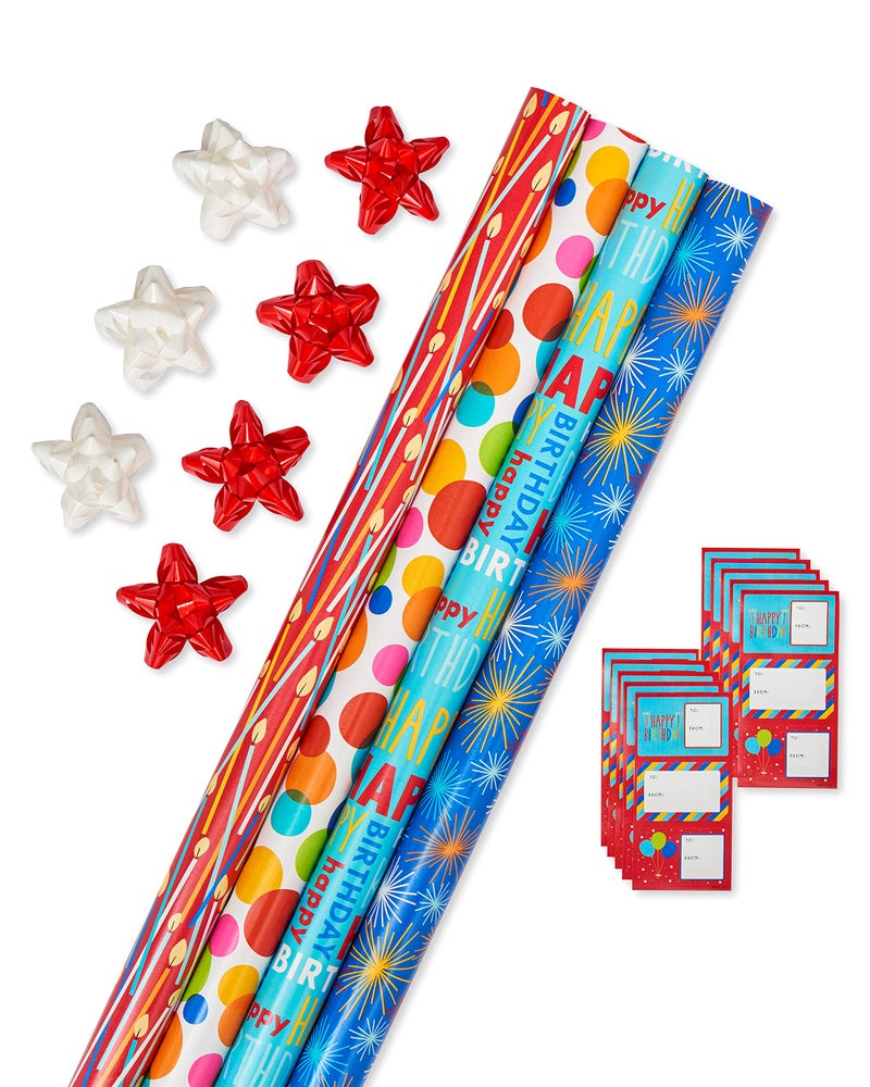 American Greetings Birthday Wrapping Paper Kit with Cut Lines Bows and Gift Tags Balloons Candles and Fireworks 7 Bows 30 Gift Tags 4 Rolls 120 sq ft