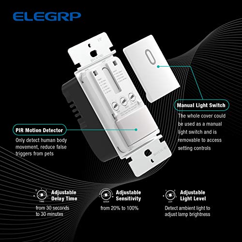 ELEGRP Single Pole Occupancy Motion Sensor Light Switch, Need Grounding Wire No Neutral Wire, 120° Sensor Coverage PIR Infrared Motion Activated, for CFL/LED/Incandescent Bulb, UL,1 Pack, Matte White - Image 2