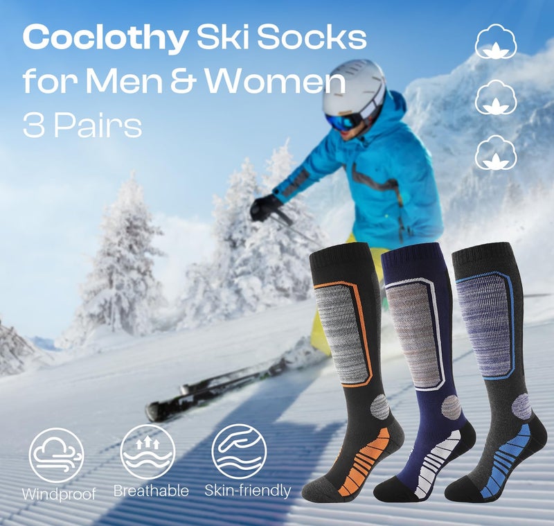 coclothy 3 Pairs Merino Wool Ski Socks Men, Winter Thermal Knee High Long Socks for Men Women Snowboarding, Snow - Image 2