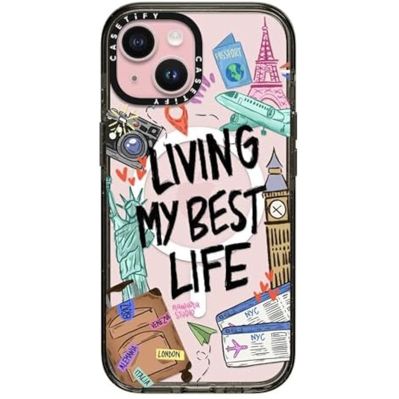 Casetify Impact Case for iPhone 15 【8.2ft 4X Military Grade Drop Protection/Compatible with Magsafe】 - Travel Lover by Nawara Studio - Clear Black - Image 1