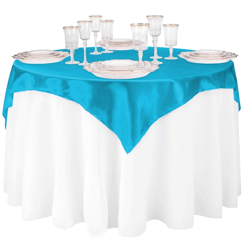 LTC LINENS LinenTablecloth 60-Inch Square Satin Overlay Turquoise - Image 3