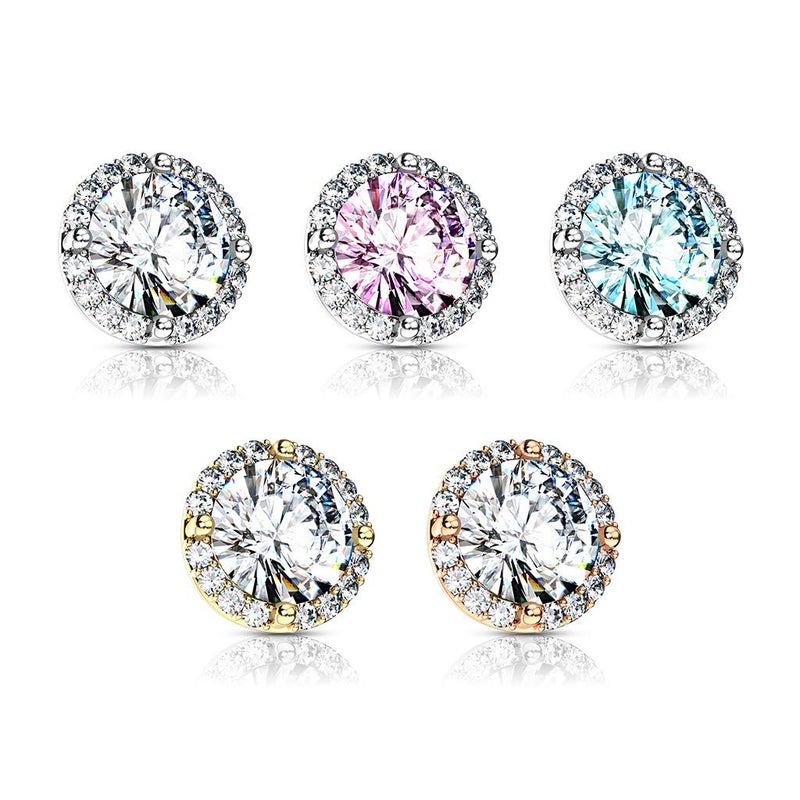 FIFTH CUE 14G Round Prong Set CZ Center w/CZ Around 316L Surgical Steel Internally Threaded Dermal Top (Gold/Clear) - Image 3