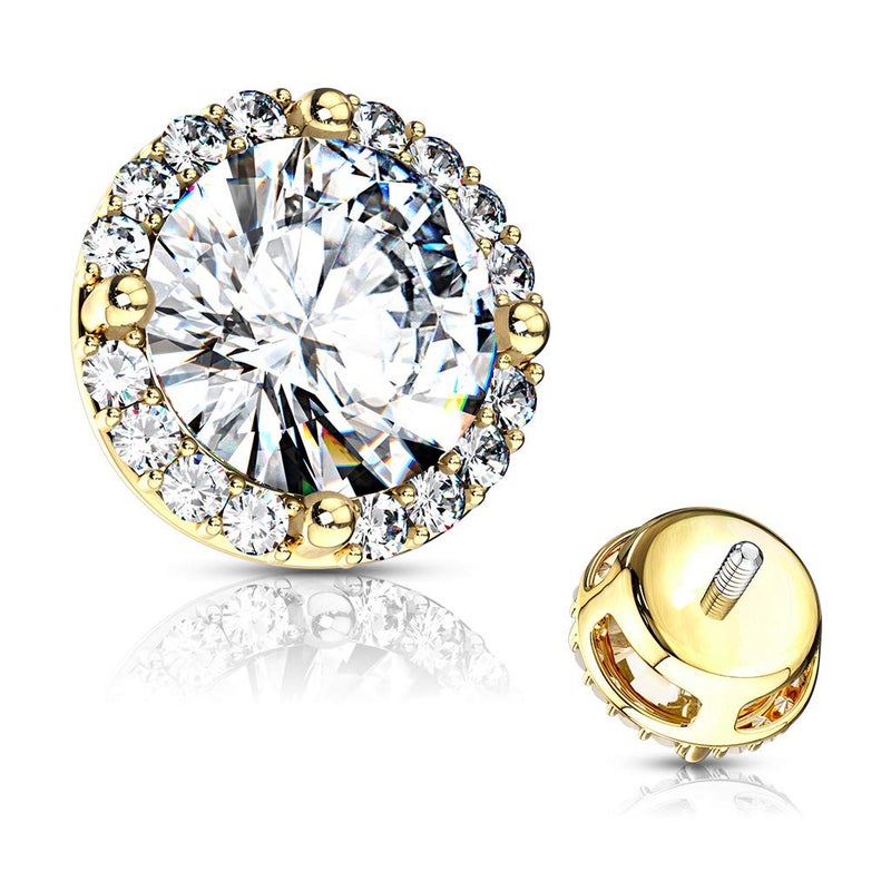 FIFTH CUE 14G Round Prong Set CZ Center w/CZ Around 316L Surgical Steel Internally Threaded Dermal Top (Gold/Clear) - Image 2