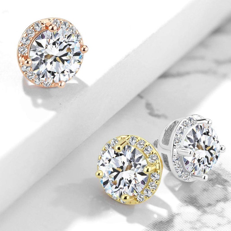 FIFTH CUE 14G Round Prong Set CZ Center w/CZ Around 316L Surgical Steel Internally Threaded Dermal Top (Gold/Clear) - Image 4