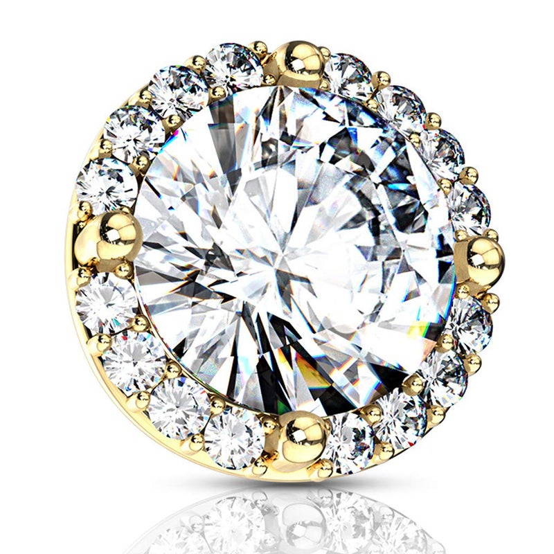 FIFTH CUE 14G Round Prong Set CZ Center w/CZ Around 316L Surgical Steel Internally Threaded Dermal Top (Gold/Clear) - Image 1