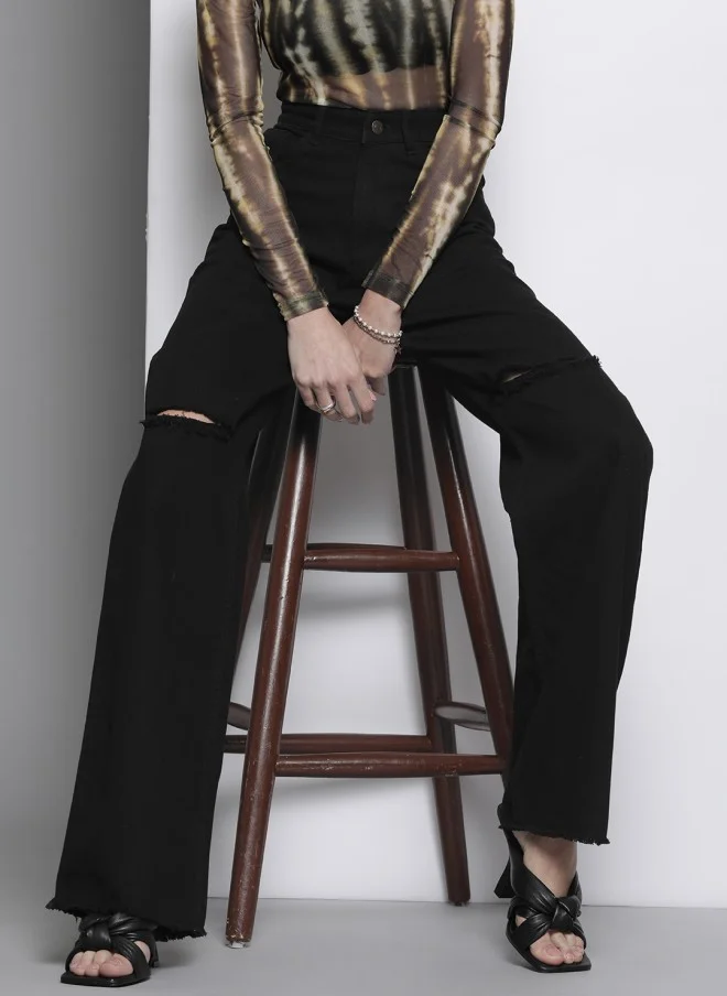 SASSAFRAS Black Comfort Straight Fit High-Rise Jeans for Women
