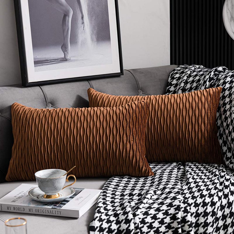 DEZENE Light Brown Throw Pillow Cases 2 Pack 12x20 Inch Original Stripe Velvet Rectangular Decorative Pillow Covers for Farmhouse Couch