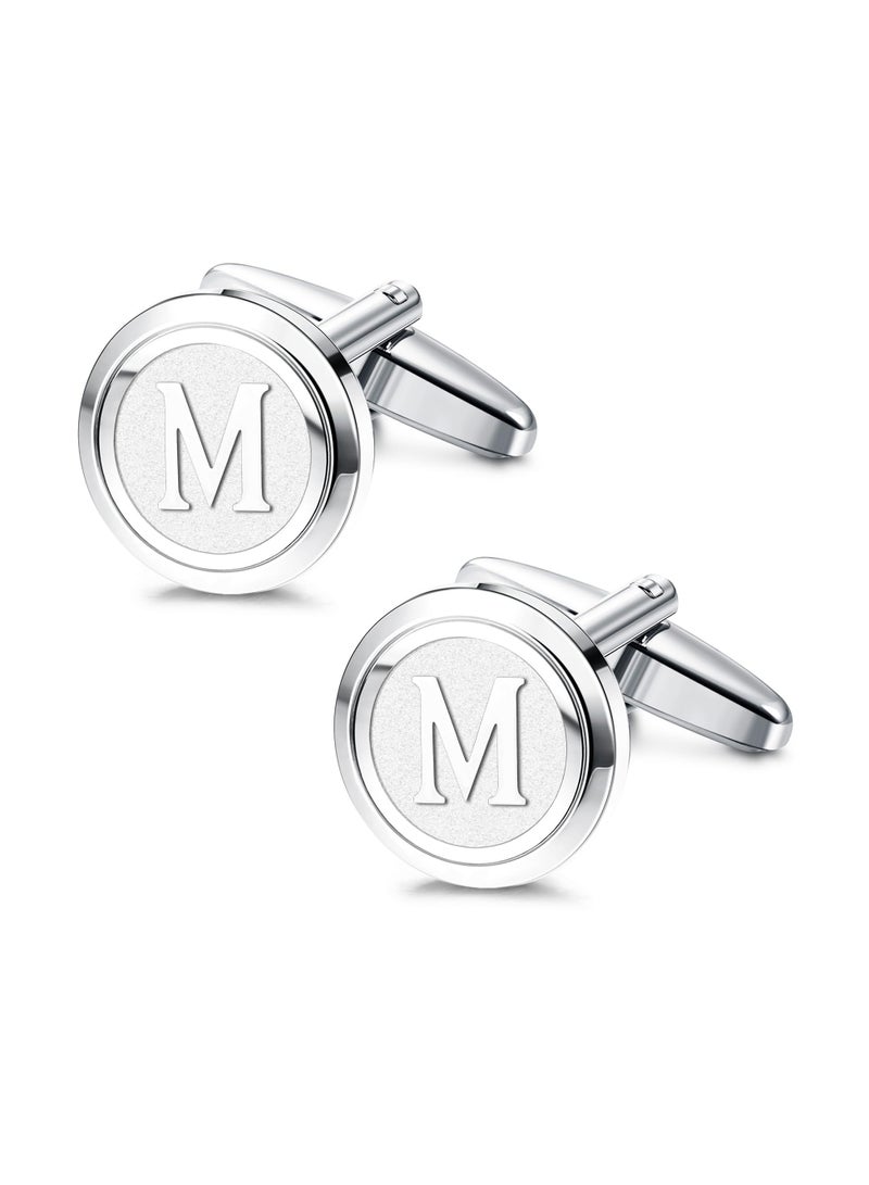 1 Pair Mens Classic Stainless Steel Initial Cufflinks 26 Alphabet Initial Letter Cufflinks Business Wedding Shirts (Silvery Letter M) - Image 1