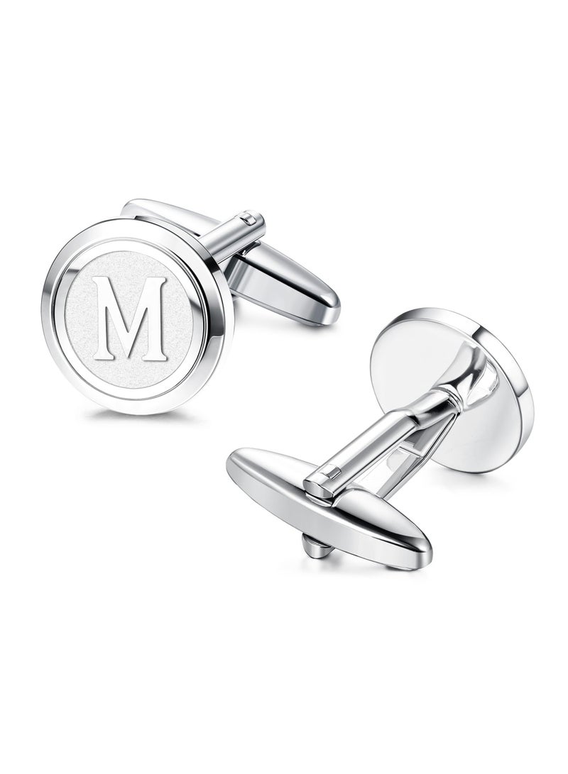 1 Pair Mens Classic Stainless Steel Initial Cufflinks 26 Alphabet Initial Letter Cufflinks Business Wedding Shirts (Silvery Letter M) - Image 2