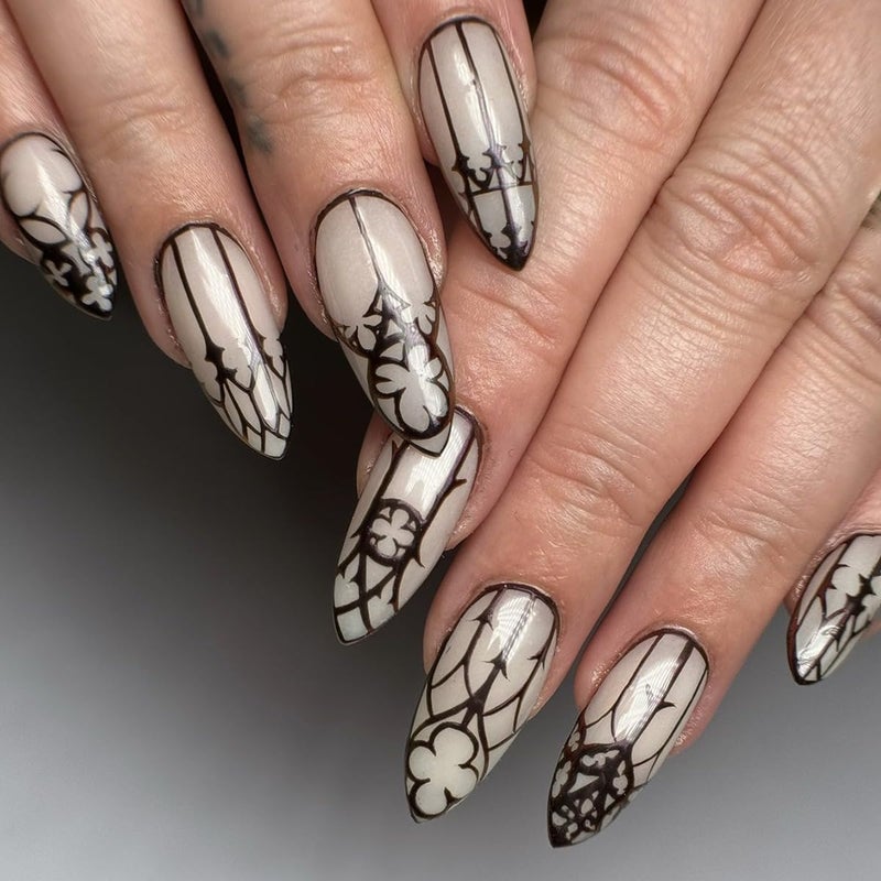 HJKDSFD Almond Press on Nails Medium Length Fake Nails Black Goth Acrylic Glue on Nails Glow in the Dark False Nails with Designs Full Cover Glue on Nails Reusable Artificial Nails for Women 24Pcs - Image 1