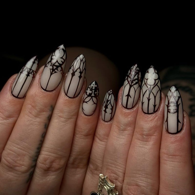 HJKDSFD Almond Press on Nails Medium Length Fake Nails Black Goth Acrylic Glue on Nails Glow in the Dark False Nails with Designs Full Cover Glue on Nails Reusable Artificial Nails for Women 24Pcs - Image 2
