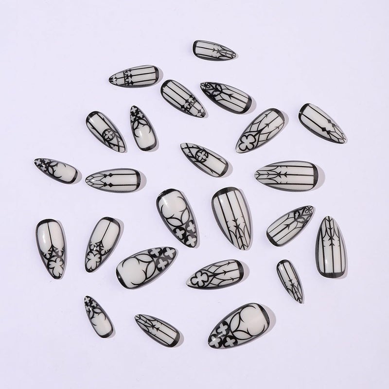 HJKDSFD Almond Press on Nails Medium Length Fake Nails Black Goth Acrylic Glue on Nails Glow in the Dark False Nails with Designs Full Cover Glue on Nails Reusable Artificial Nails for Women 24Pcs - Image 5